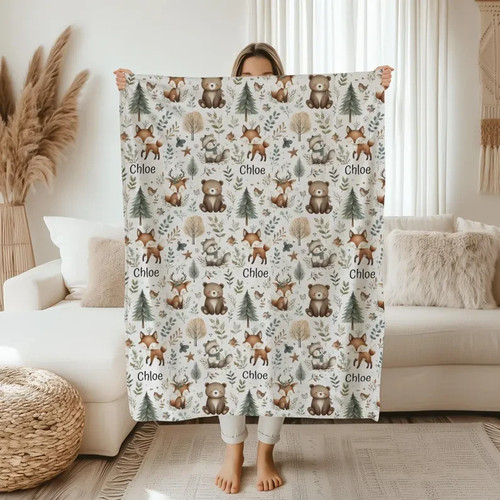 Personalized Woodland Animal Flannel Blanket Custom Name Baby Gift - Picture 11 of 12