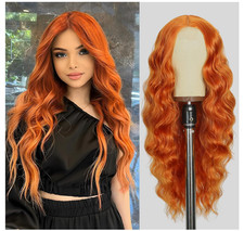 26 Inch Long Orange Wig for Women Middle Part Wavy Synthetic Hair