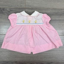 Vintage Pink Baby Dress Duck Embroidery Puff Sleeve 0-3M Easter