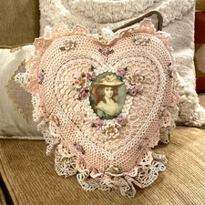 Victorian Style Heart Shaped Pillow Pink Handmade with Antique Lace