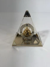 VTG 1986 Seiko Pyramid Mantle Clock QAW109G Gold Skeleton Open Face Lucite Cover