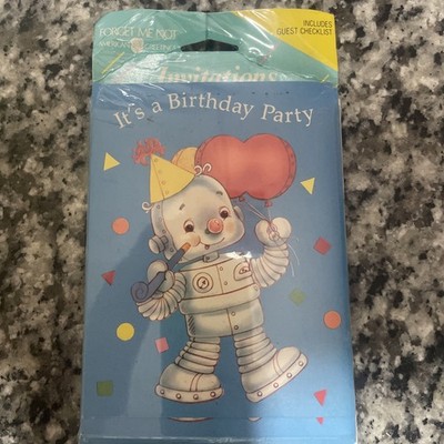 Pkg Of 8  It s a Birthday Party  Robot Forget Me Not Vintage Invitations & Envel