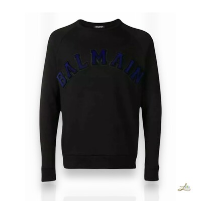 Balmain Pullover mit Logo-Prägung - Schwarzer Baumwollpullover mit Rundhalsausschnitt, Größe L