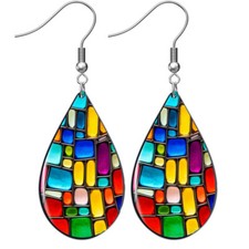 Faux Mosaic Teardrop Earrings Original Graphic Art Print Dangle Sterling Silver