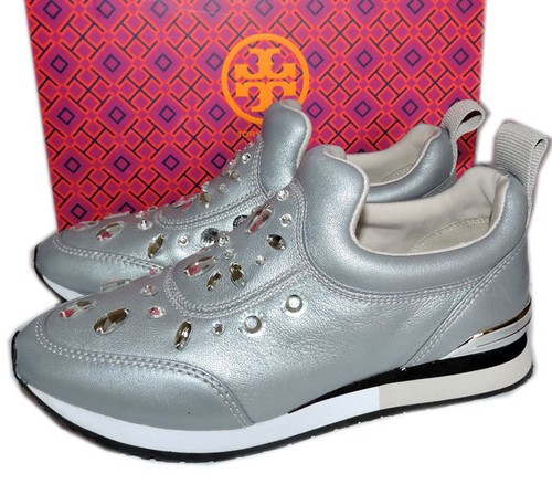 Tory Burch Sneakers LANEY Crystals Slip-On Silver Leather Shoe Shoes 10.5 - Picture 8 of 12