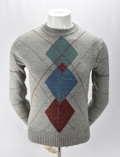 Vintage Argyle Acrylic Sweater Gray Multi Color Pullover Crew Neck S-M