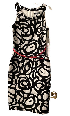 Ellen Tracy Black And White Abstract Rose Sheath Dress Sz 8 Sleeveless Classic