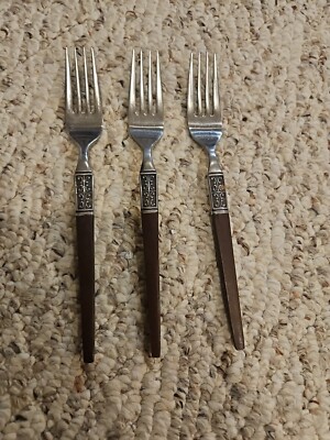 3 Ekco Eterna LA JOYA Stainless Japan MCM Flatware Dinner Forks Wood Handles