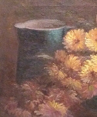 STUNNING ANTIQUE STILL LIFE DAHLIAS in VASE ORIG OIL on CANVAS MYSTERY ARTIST - Picture 4 of 10