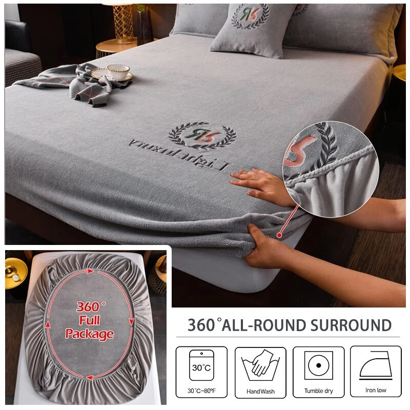 Elastic Velvet Bed Cover Bed Sheets Mattress Cover Soft Queen King Solid Color - Image 2 of 4