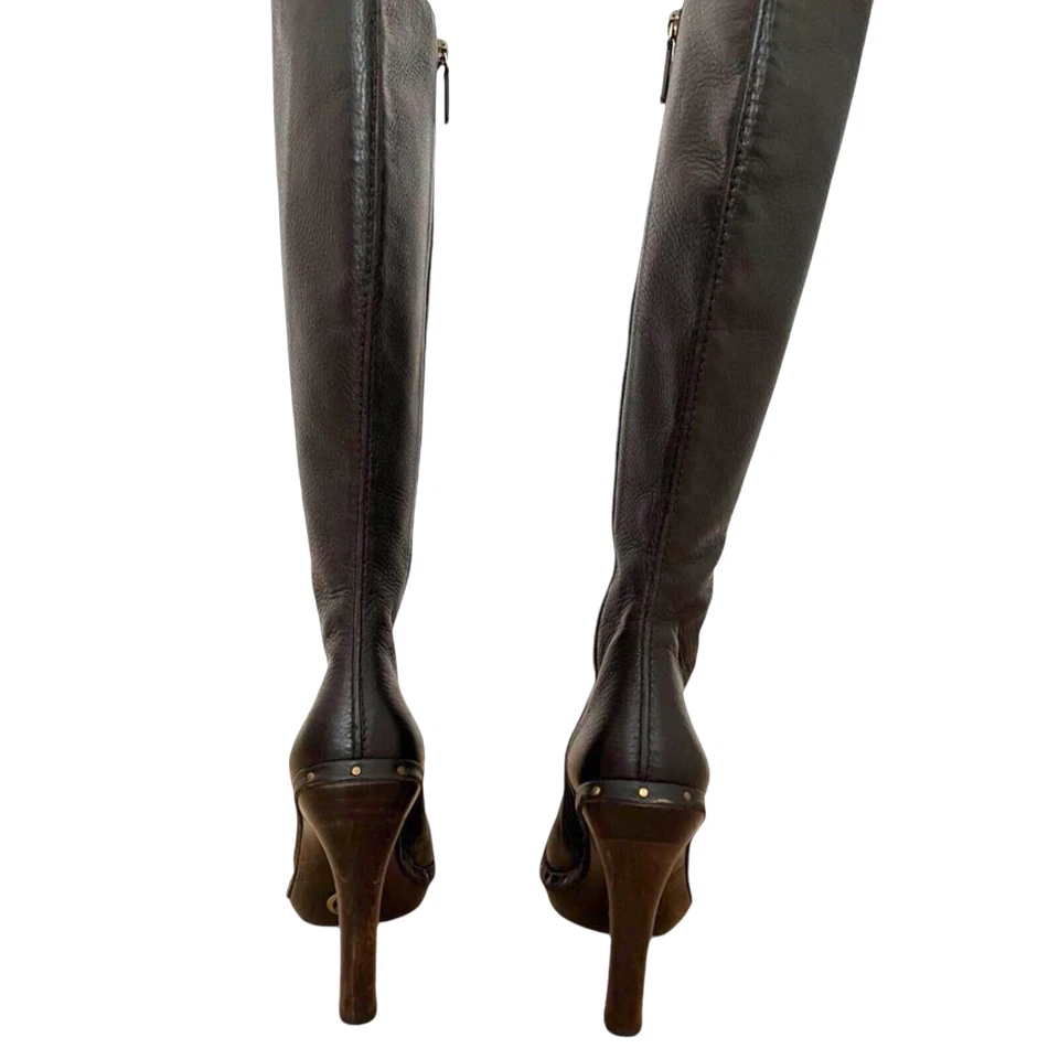 GUCCI 深棕色皮革及膝高铆钉厚底靴,尺寸 37 — 第 3/4 张图片