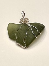 Silver Tone Wire Wrapped Sea Glass Pendant Dk Green Artisan Handcrafted COASTAL