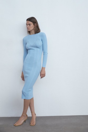 ZARA FITTED MIDI DRESS KNIT LIGHT BLUE 