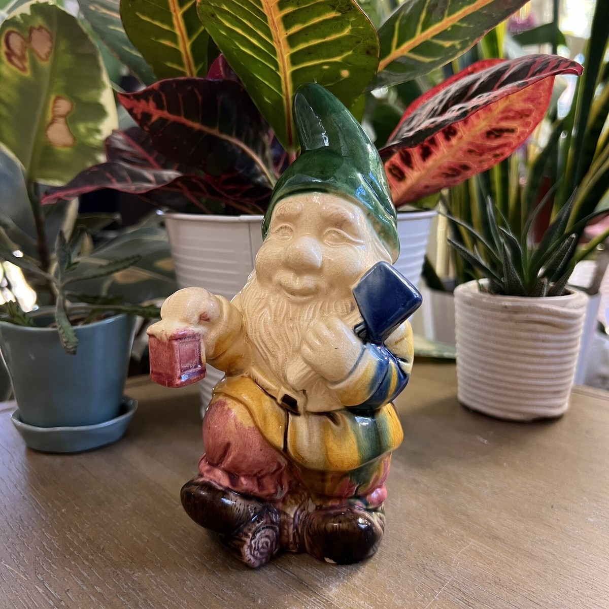 Vintage Ceramic Garden Gnome Sculpture Figure 7” with Lantern