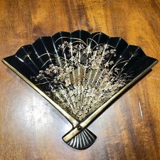 Toyo Trading Co Fan Candy/Jewelry Dish Black Porcelain Bowl Vintage Collectible