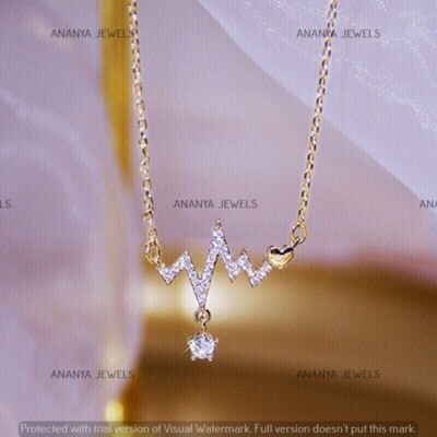 Moissanite 1ct Heart Beat Charm Pendant Necklace For Gift 14K Yellow Gold Plated