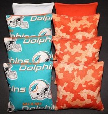 8 ALL WEATHER CORNHOLE BEANBAGS made w MIAMI DOLPHINS Fabric ACA Reg Bags