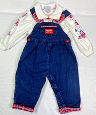 Vintage OshKosh B'Gosh Baby 18mos Bubble Overalls Bow Denim Heart w/Shirt USA