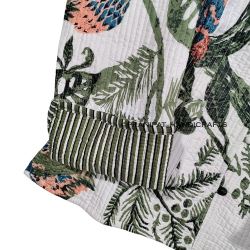 Women Owl Bird Print Cotton Quilted Hippie Outwear Green Biker Boho Jacket Short - Picture 2 of 9