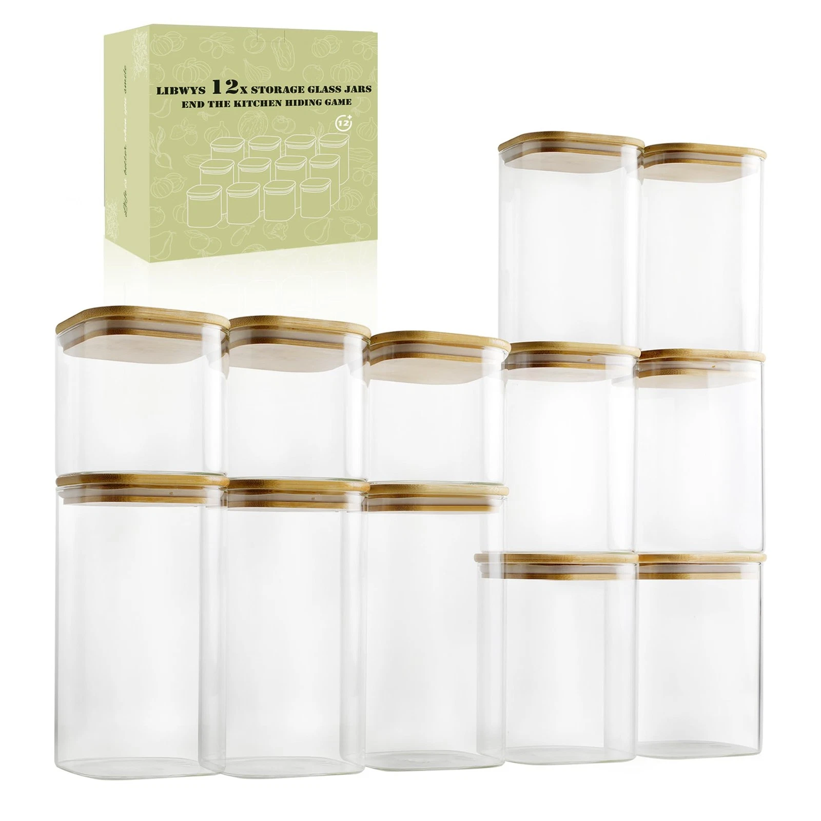 LIBWYS 12Pack Glass Pantry Storage Containers with Bamboo Lids 0.76Qt/1.22Qt/...