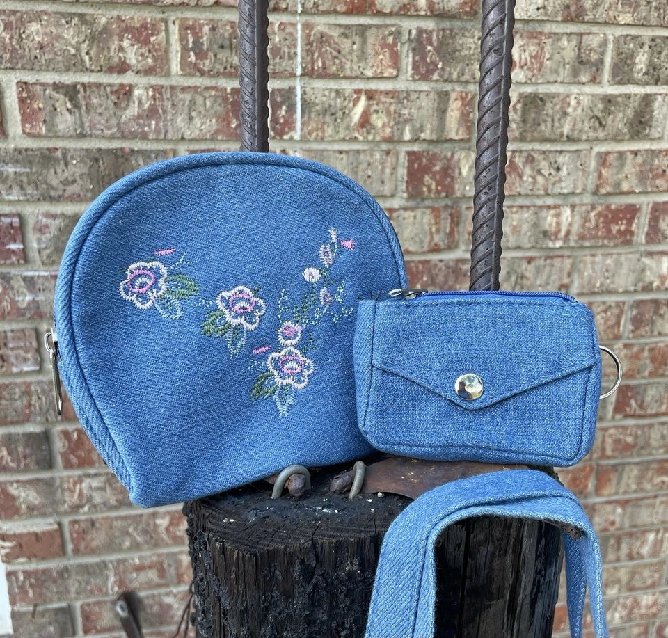 Vtg 70s Blue Denim Country Embroidered Floral Bag Boho Hippie - Image 4 of 4