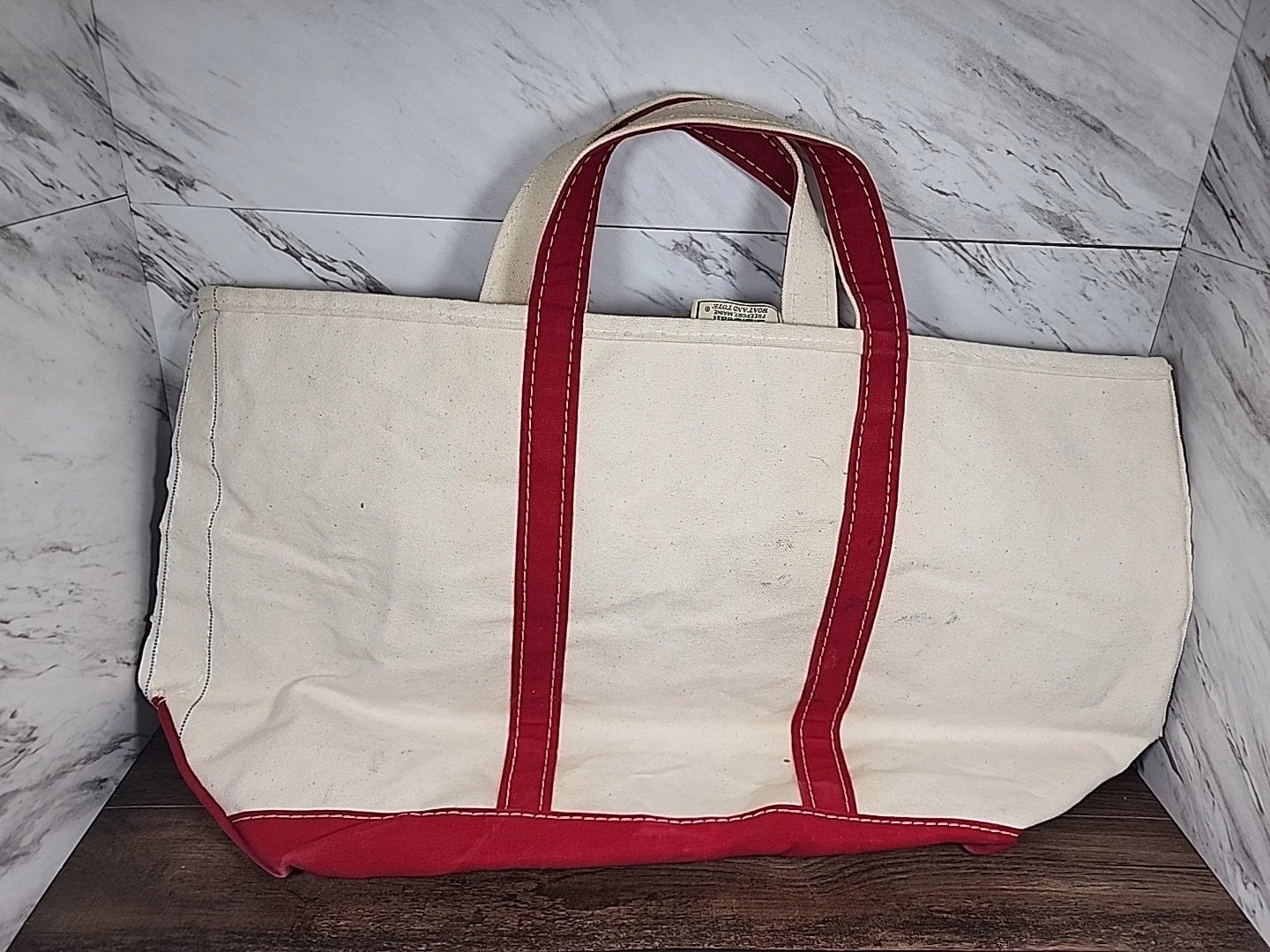 ☆Vintage☆ LL Bean Boat and Tote Bag Large Ivory Red Stiff Canvas Sawtooth Label