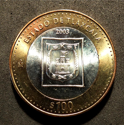 MEXICO-2003-100 PESOS-TLAXCALA SILVER/BRONZE BI-METAL-250K MINTED KM#691  KHGM 2