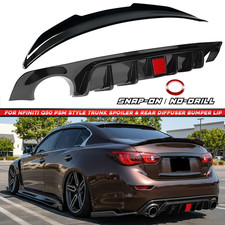 For Infiniti Q50 18-24 Gloss Black PSM Style Rear Bumper Diffuser & Rear Spoiler