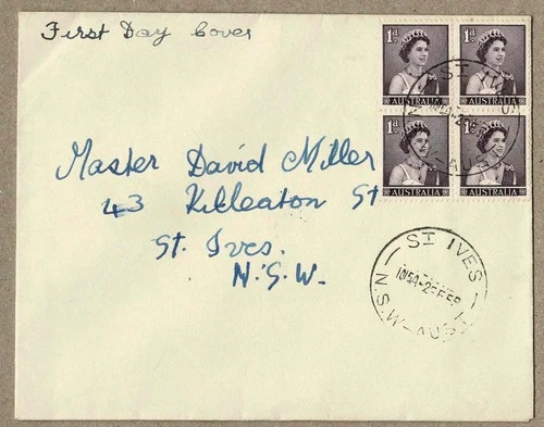 Australia 1959 1d QEII Block 4 FDC NSW Postmark St. Ives Cover