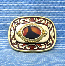 Western Scroll Belt Buckle Cowboy Cowgirl Enamel Inlay Agate Mount Vtg  .CPA851