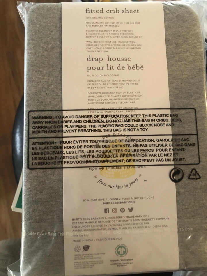 "Sábanas Burts Bees bebé gris 100 % algodón orgánico para cuna jersey 28""X52""" Foto 2 de 3