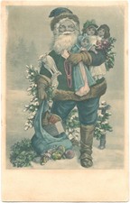 Frances Brundage Christmas - Santa Claus in Green Suit Holding Dolls RARE! 