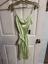 Express Women Light Green Satin Cowl Neck Mini Dress with Waist Tie Small 36x35