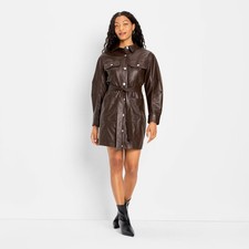 Women's Long Sleeve Faux Leather Mini Shirtdress - Future Collective Brown M
