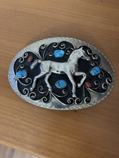 Western Americana Horse Motif Belt Buckle Oval 4 Inch Turquoise Red Stones