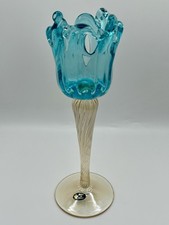 MURANO MADE IN ITALY Teal Blue Green 13.5   TALL HEAVY GLASS VASE GLOWS