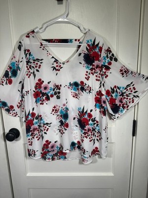 Lila Rose Floral Blouse, V-Neck Flutter Sleeves, Size XL