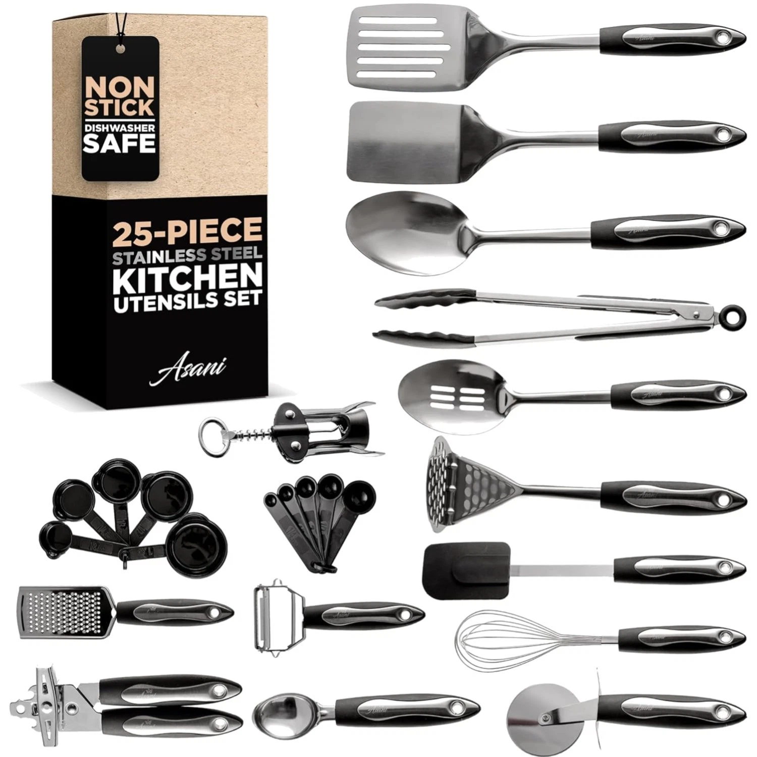 25-Piece Stainless Steel Kitchen Utensil Set | Non-Stick Cooking Gadgets and ...
