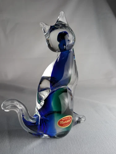 Vintage Murano Art Glass Cat Figurine Blue Green Sommerso Italy Label 6.5"