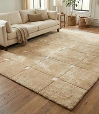 Modern Hand Tufted Wool Rug Beige Modern Minimal Grid Area Rug Soft Handmade