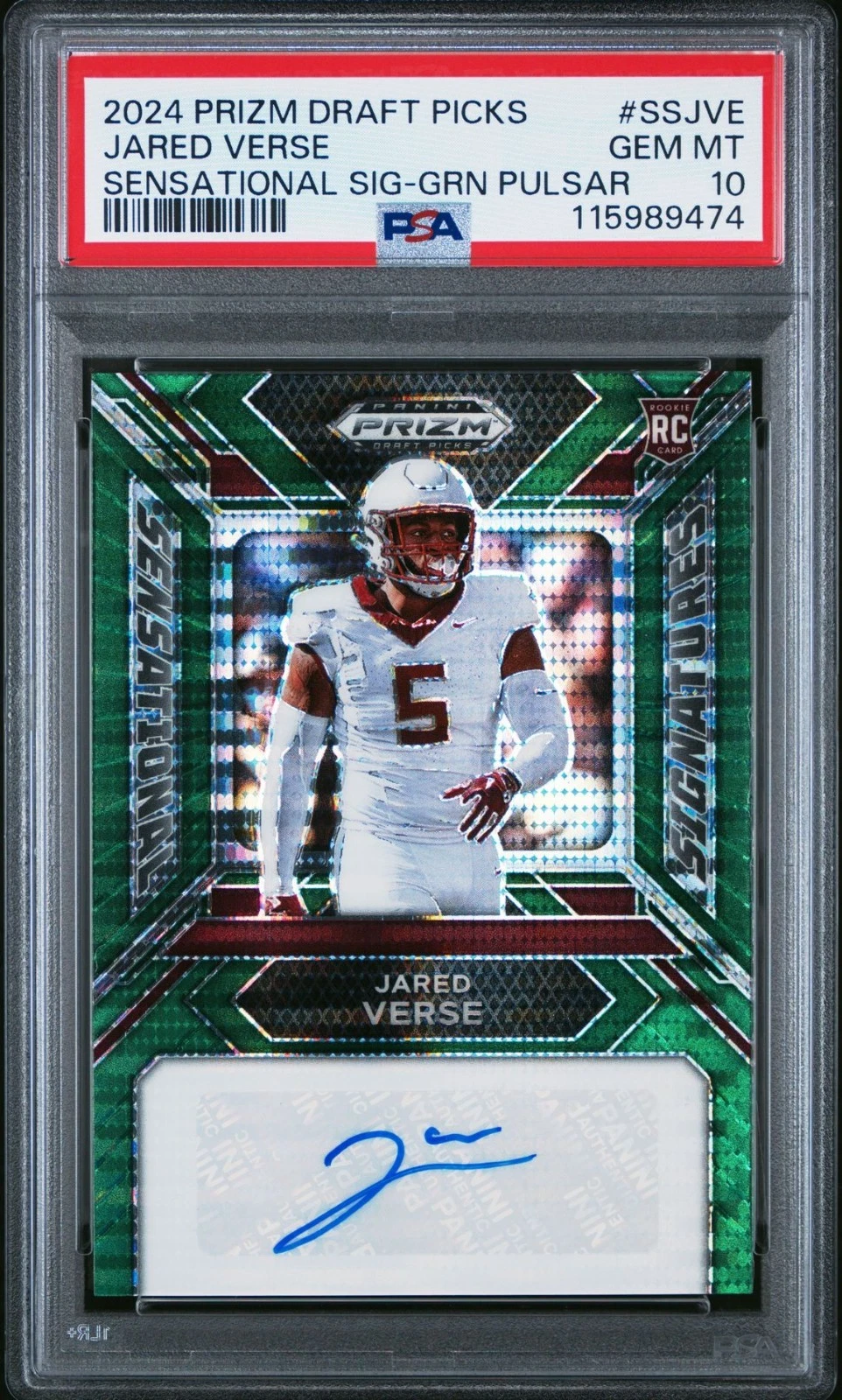 Jared Verse Panini Prizm Draft Picks Sensational Signatures #SSJVE Green Pulsar