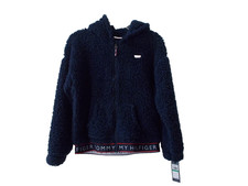 NWT TOMMY HILFIGER Girls Navy Blue Faux Sherpa Zip Front Hoodie Jacket  L 12/14