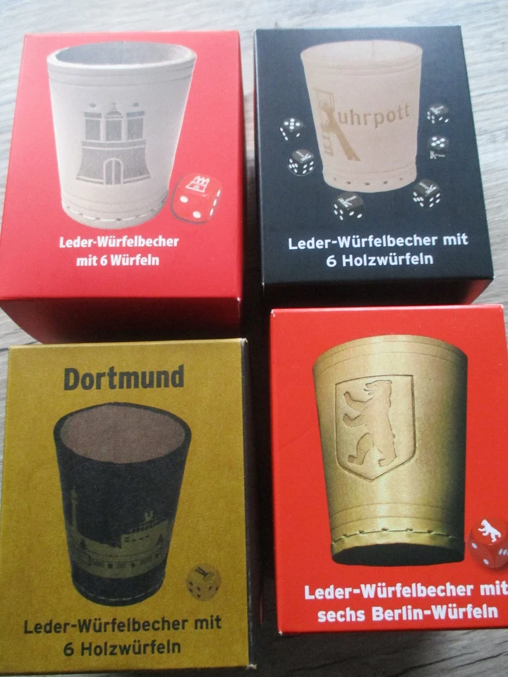 TEEPE Leder-Würfelbecher mit 6 Holz Würfel Städte und Regionen