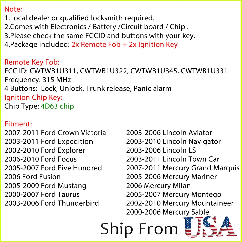 2 mandos a distancia de entrada sin llave 4B + llave de encendido con chip 4D63 para Ford Lincoln Mercury Foto 2 de 4