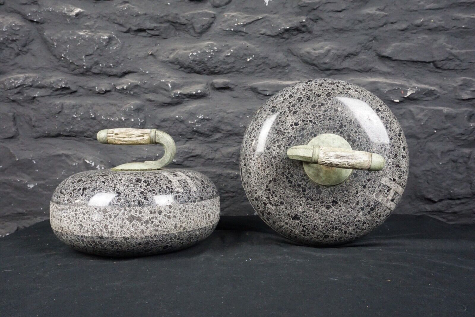 Antique Pair of Weathered Crawfordjohn Granite Curling Stones ~ Marked H
