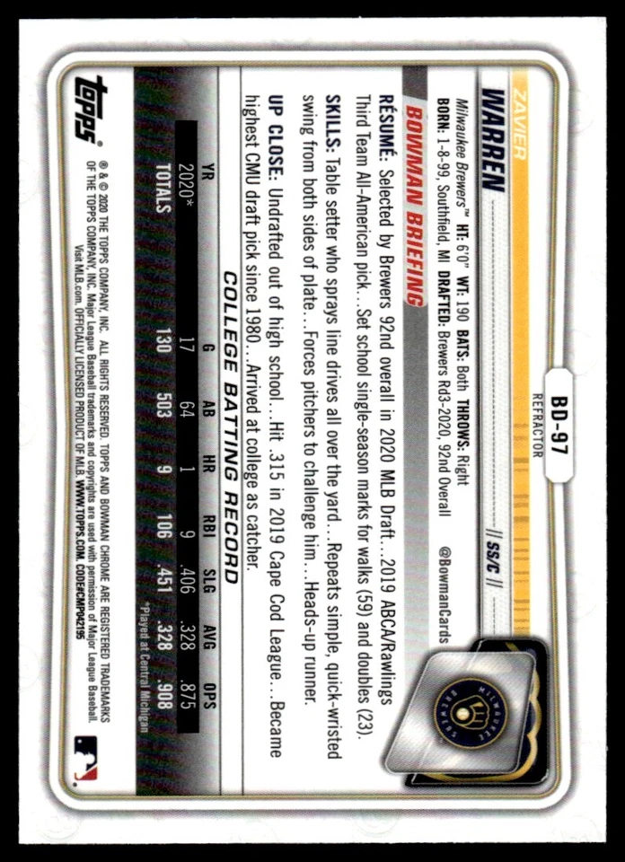 2020 BOWMAN CHROME REFRACTOR Zavier Warren Milwaukee Brewers #BD-97 R33 - Image 2 of 2