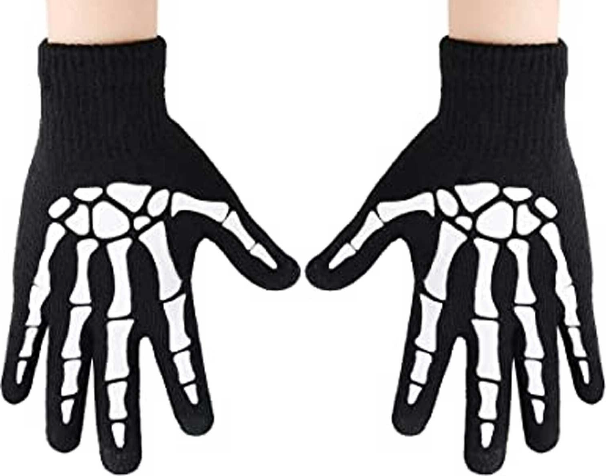 Goth Winter GLOW SKELETON HAND BONE GLOVES Black/White Stretch