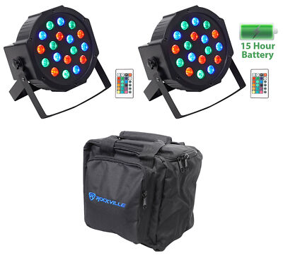 (2) Rockville BATTERY PAR 50 Rechargeable LED DMX DJ Wash Up-Lights+Remotes+Bag