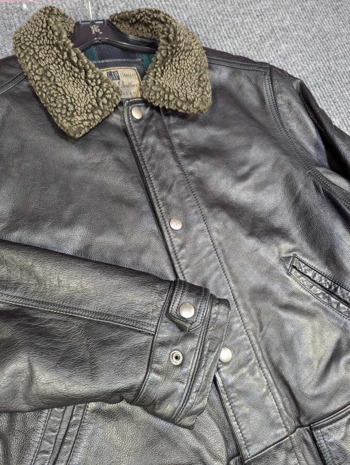 VTG Gap Leather Jacket Mens Medium Black Full Zip Blanket Lined Sherpa Collar - Image 2 of 4