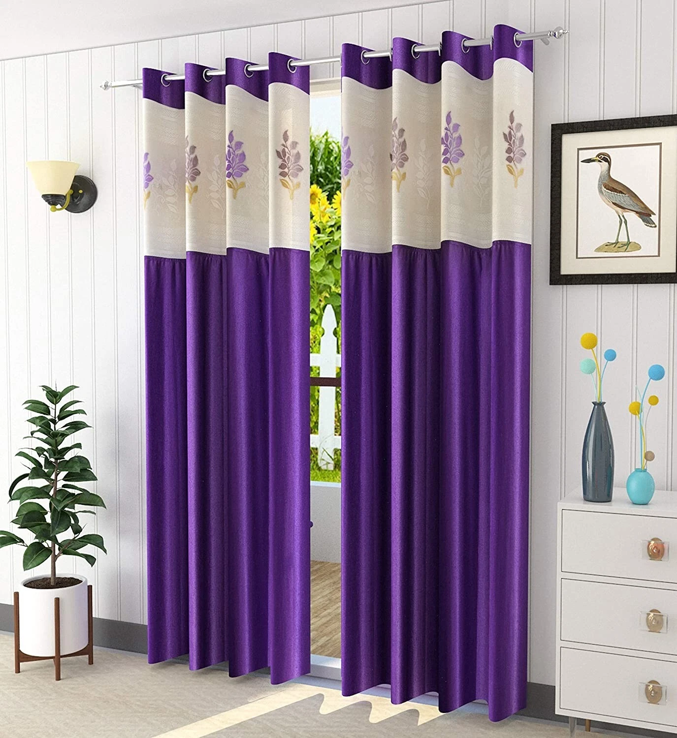 Set Di 2 Pezzi Di Tenda Per Porta Premium Con Rete Floreale 7ft Viola